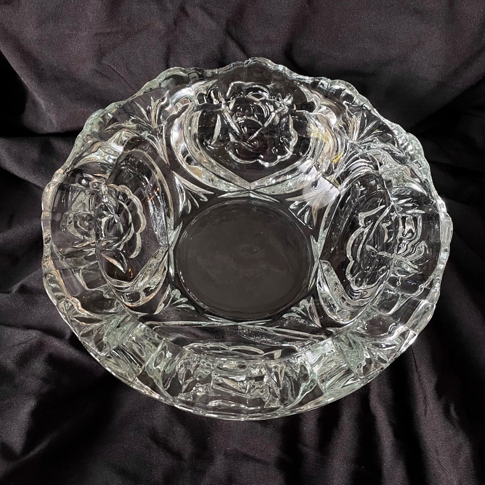 Vintage Pasari Rose Design Glass Candy Bowl Indonesia 8” Signed Thick & Heavy!